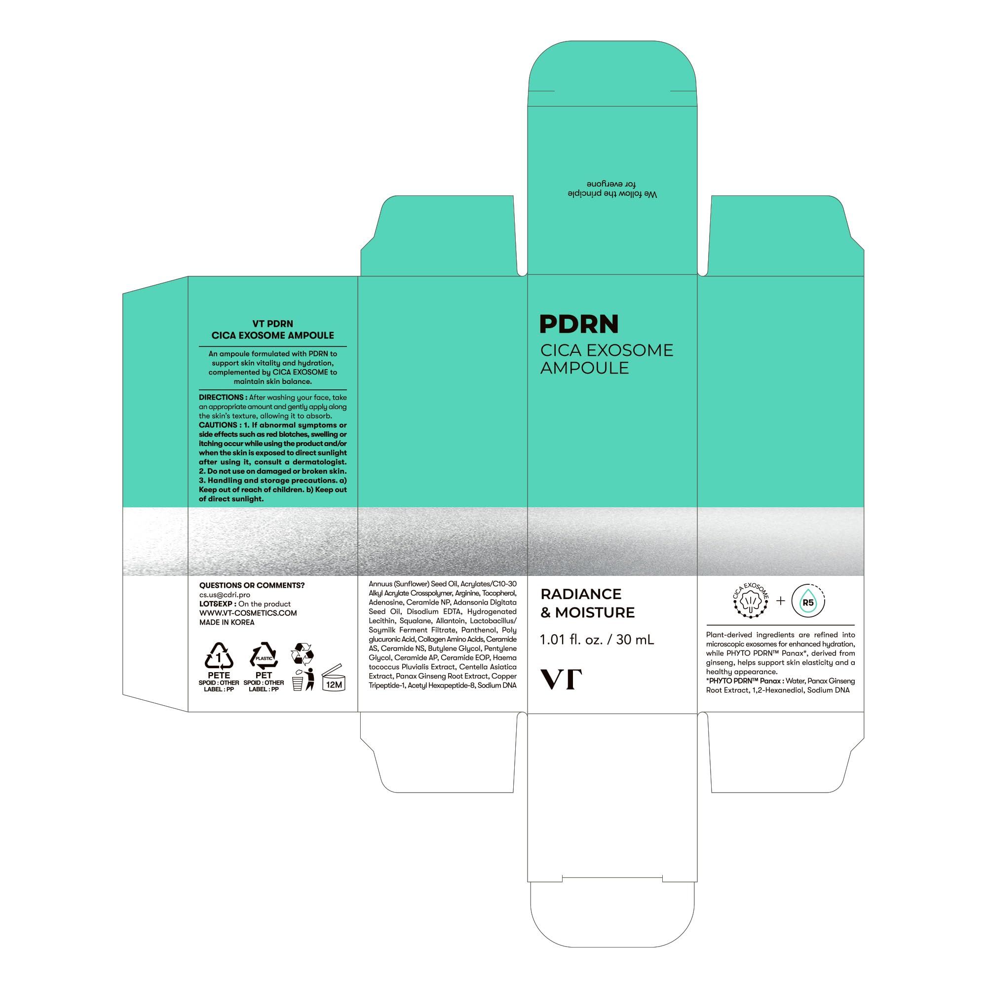 VT COSMETICS PDRN Cica Exosome Ampolla, envase elegante para rutina diaria
