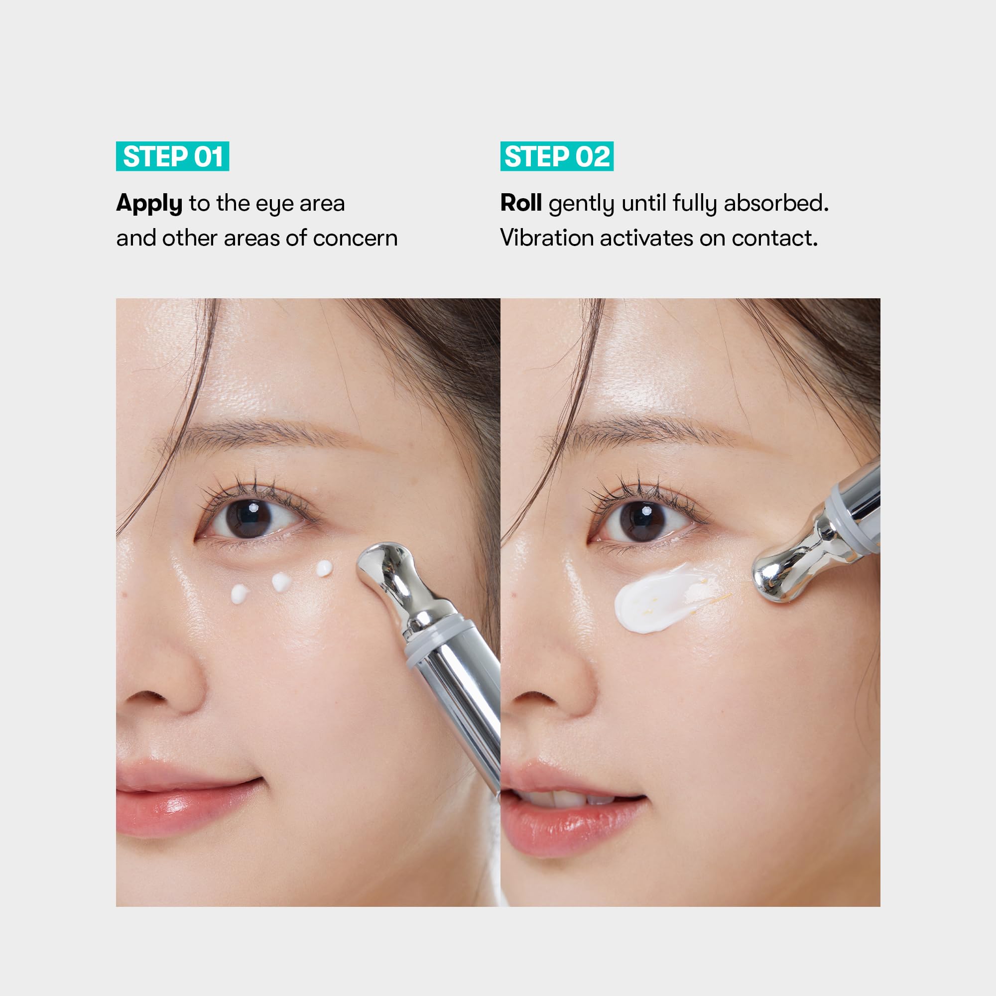 VT COSMETICS PDRN Reedle Shot Eye Cream ultra-micro vibration applicator delivers even coverage around the eyes.