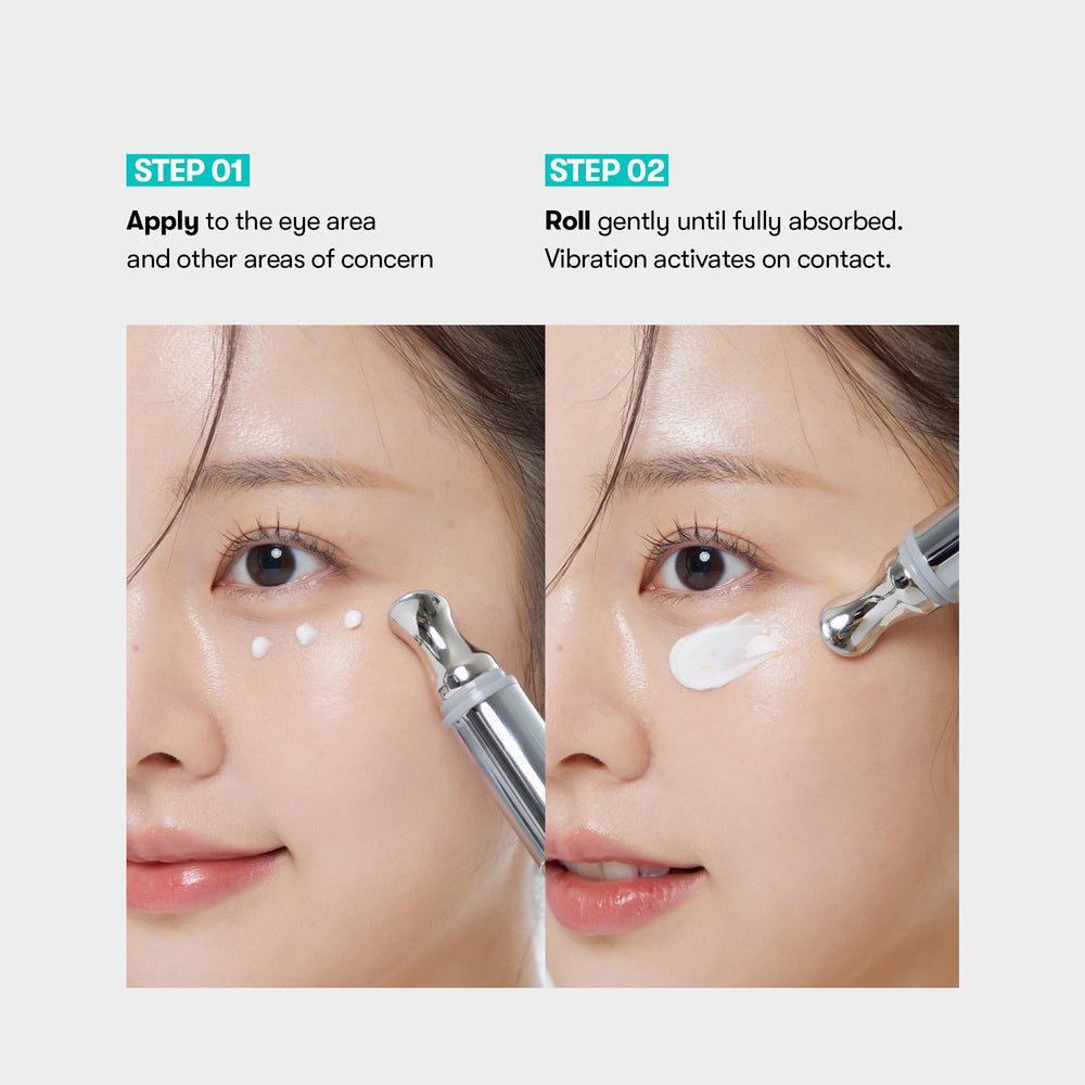 VT COSMETICS PDRN Reedle Shot Eye Cream ultra-micro vibration applicator delivers even coverage around the eyes.