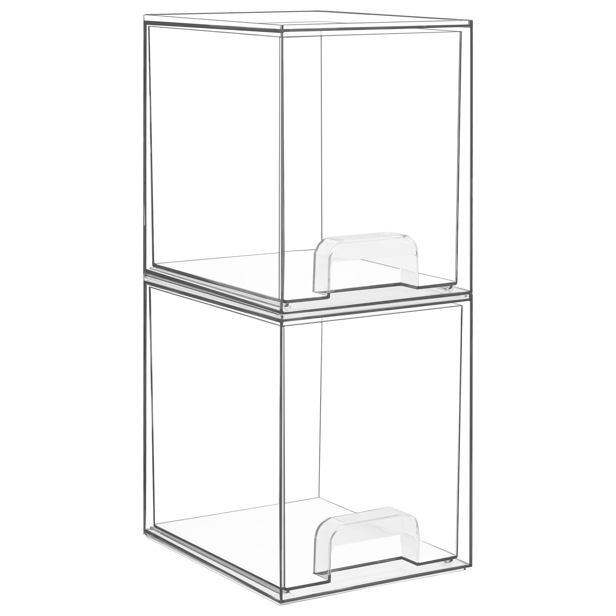Vtopmart 2-pack clear stackable drawers viewed from the side for compact vanity storage.