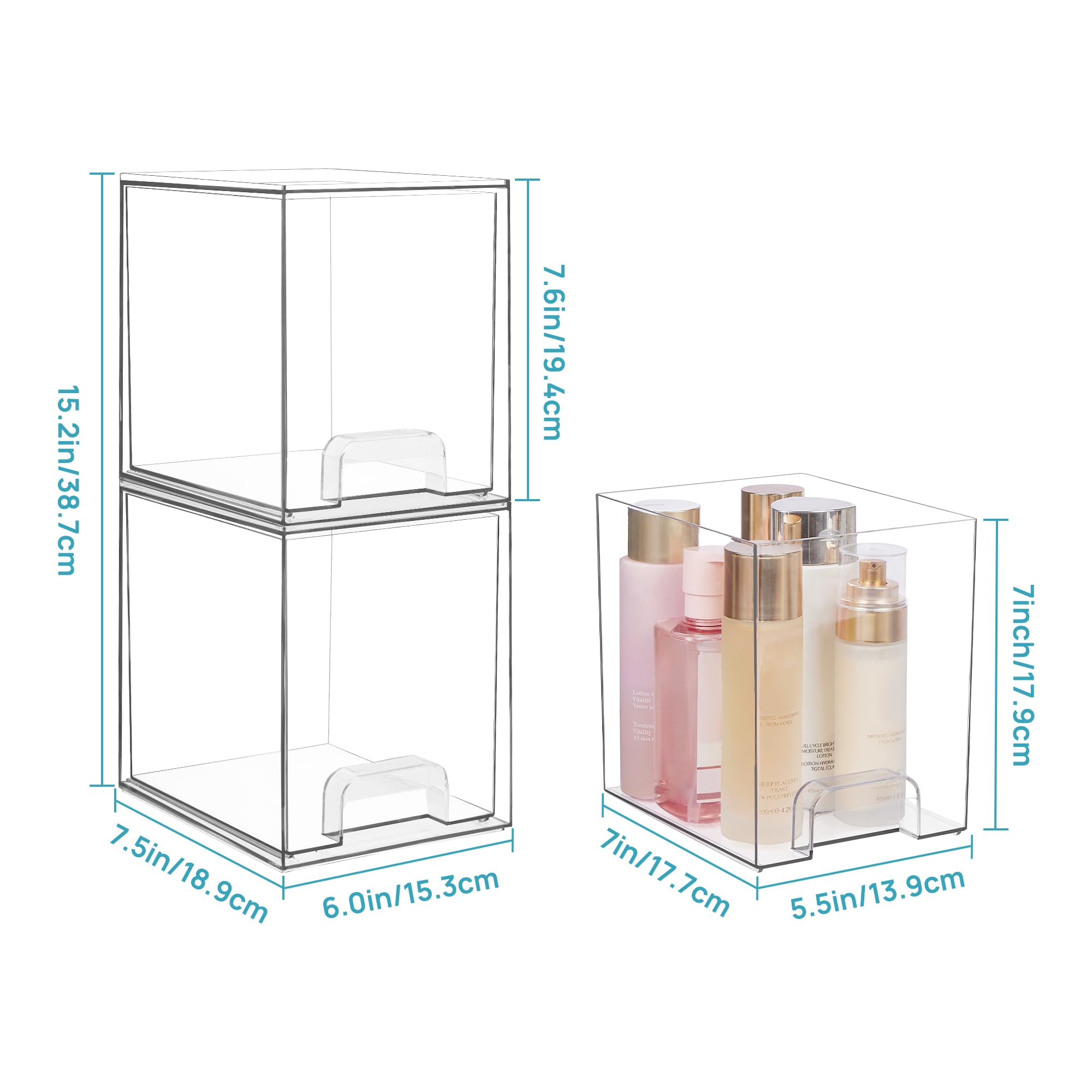 Top view of Vtopmart 2-pack clear stackable drawers saving vertical space on the counter.
