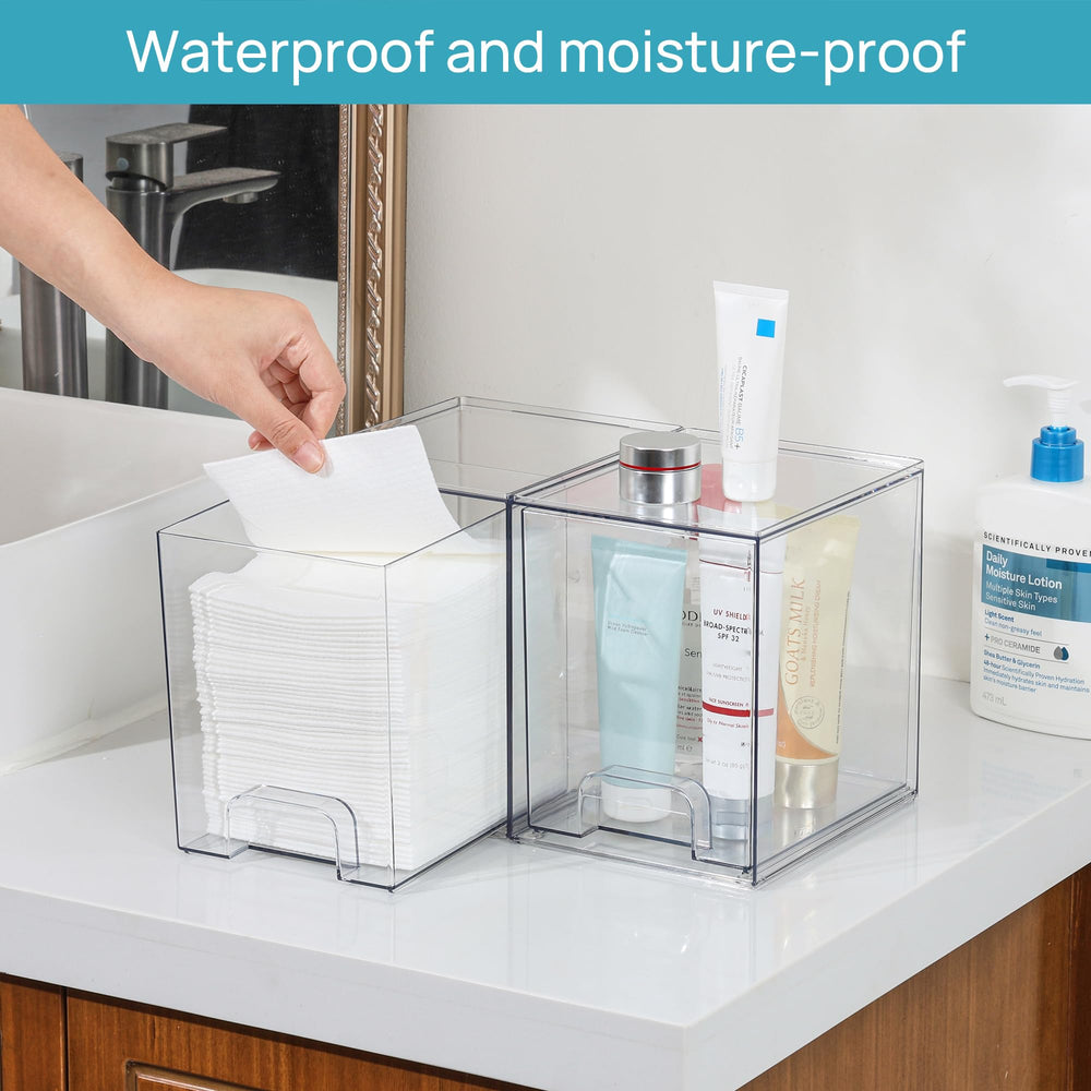 Vtopmart 2-pack clear stackable drawers on bathroom counter showcasing skincare organization.