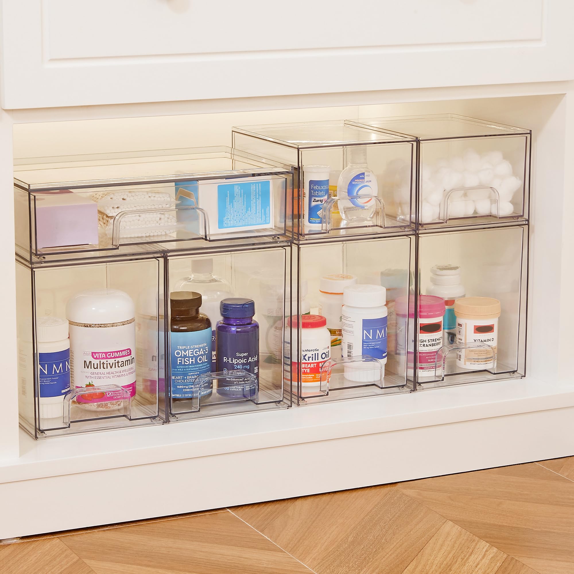 Kitchen counter setup with Vtopmart drawers organizing spices and supplements.