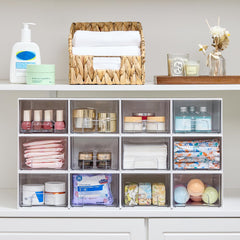 Vtopmart bathroom makeup organizer shows clear drawers for easy cosmetic access.