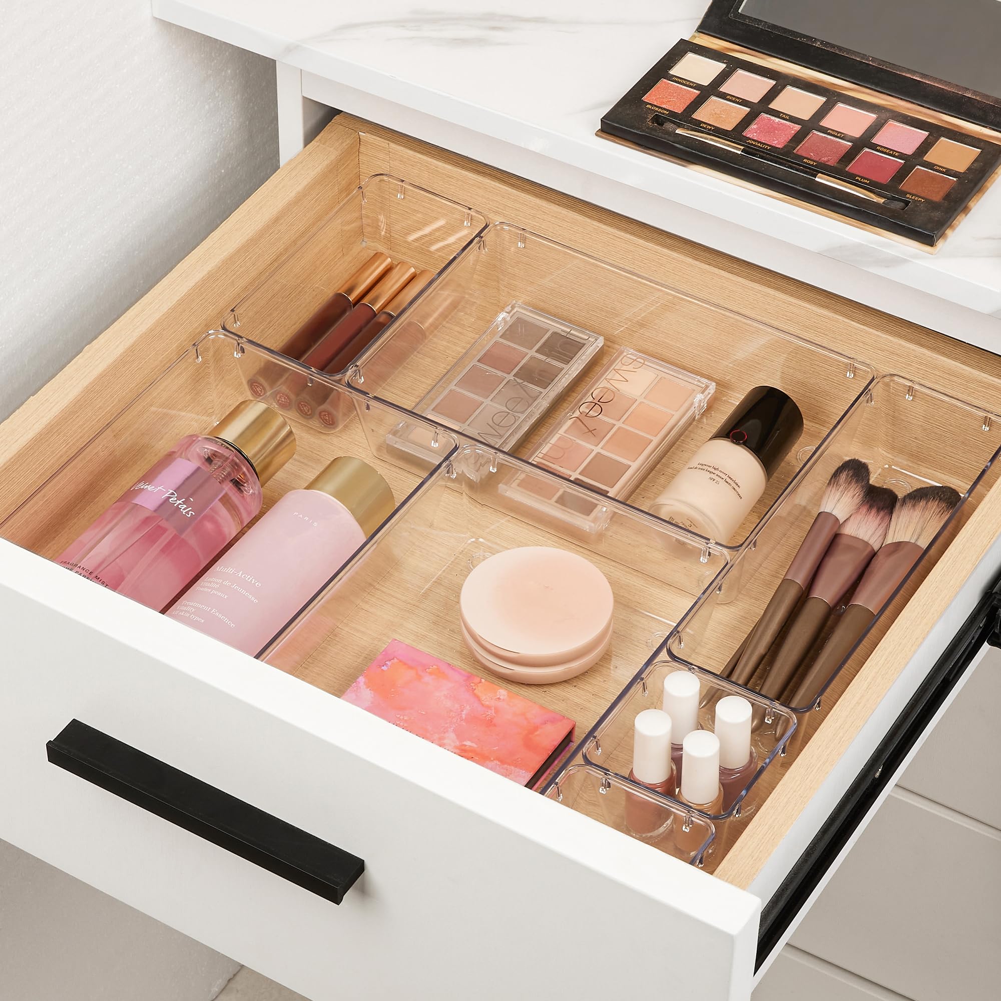 Vtopmart drawer bin set of four sizes enables flexible vanity arrangement.