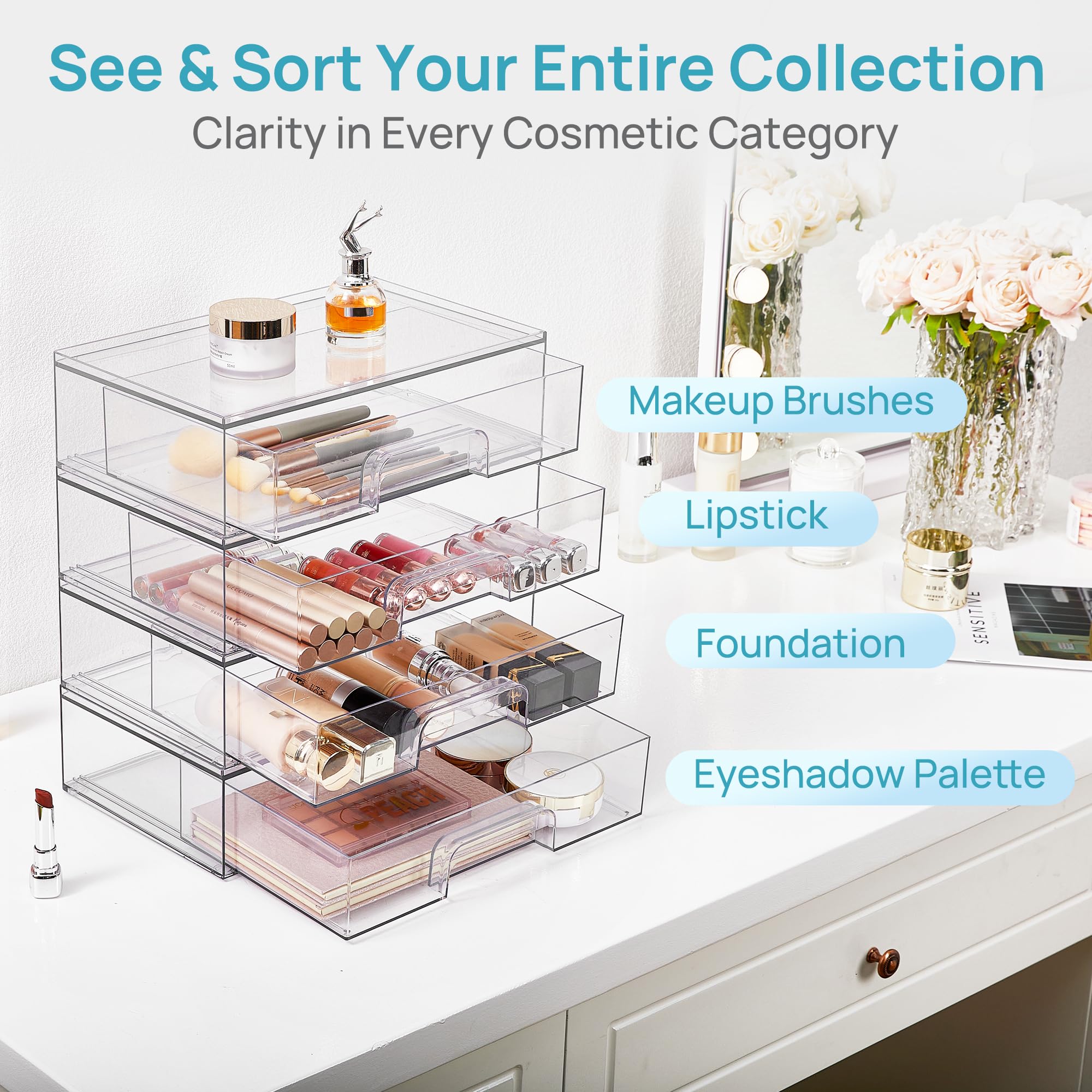 Vtopmart drawer open with cosmetics for rapid item retrieval