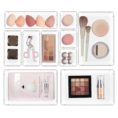 Vtopmart makeup drawer organizer displaying clear bins for cosmetics, easy access.