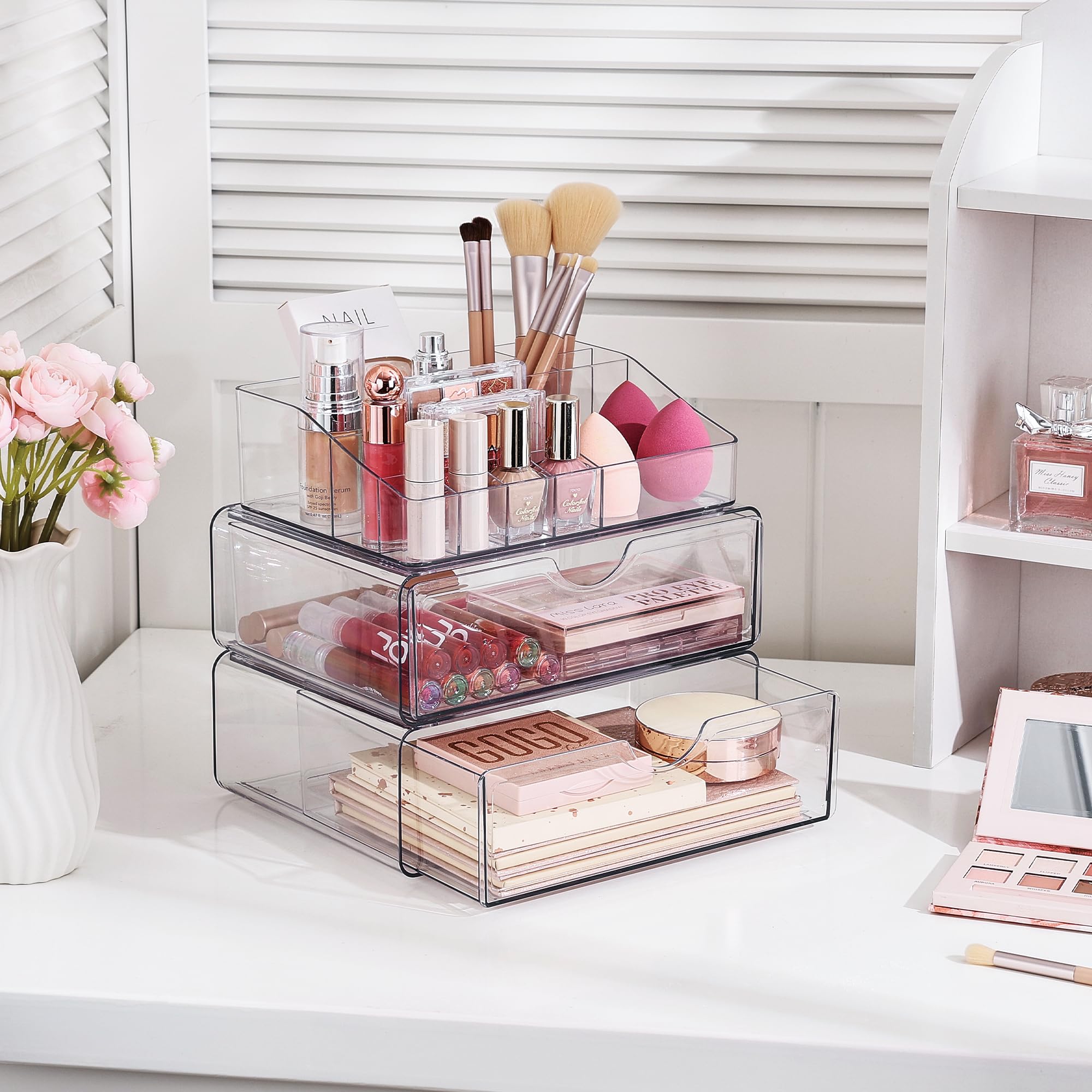 Vtopmart makeup organizer with drawer neatly stores daily essentials and brushes.