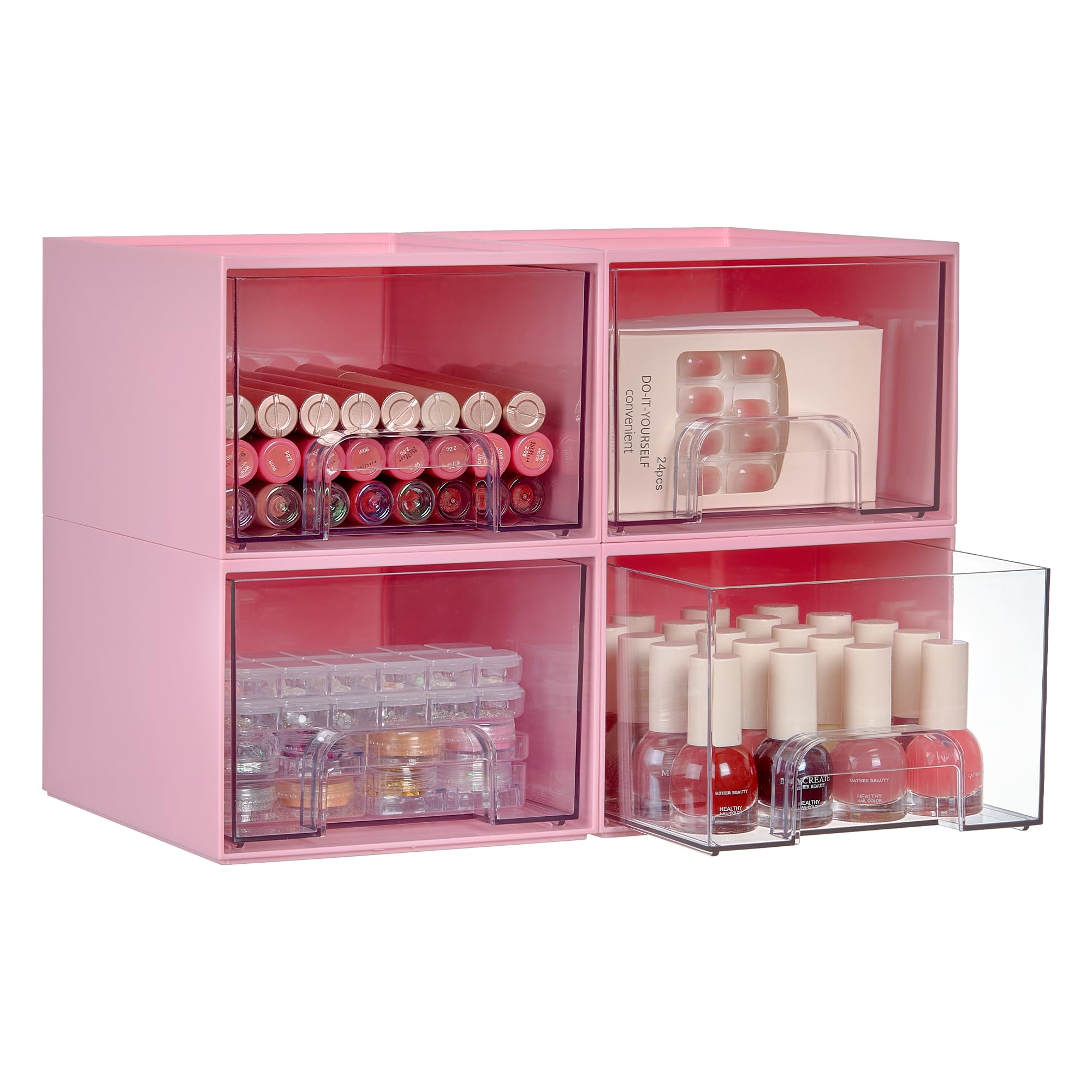 Vtopmart pink makeup organizer 4-pack on vanity keeps cosmetics neatly organized.