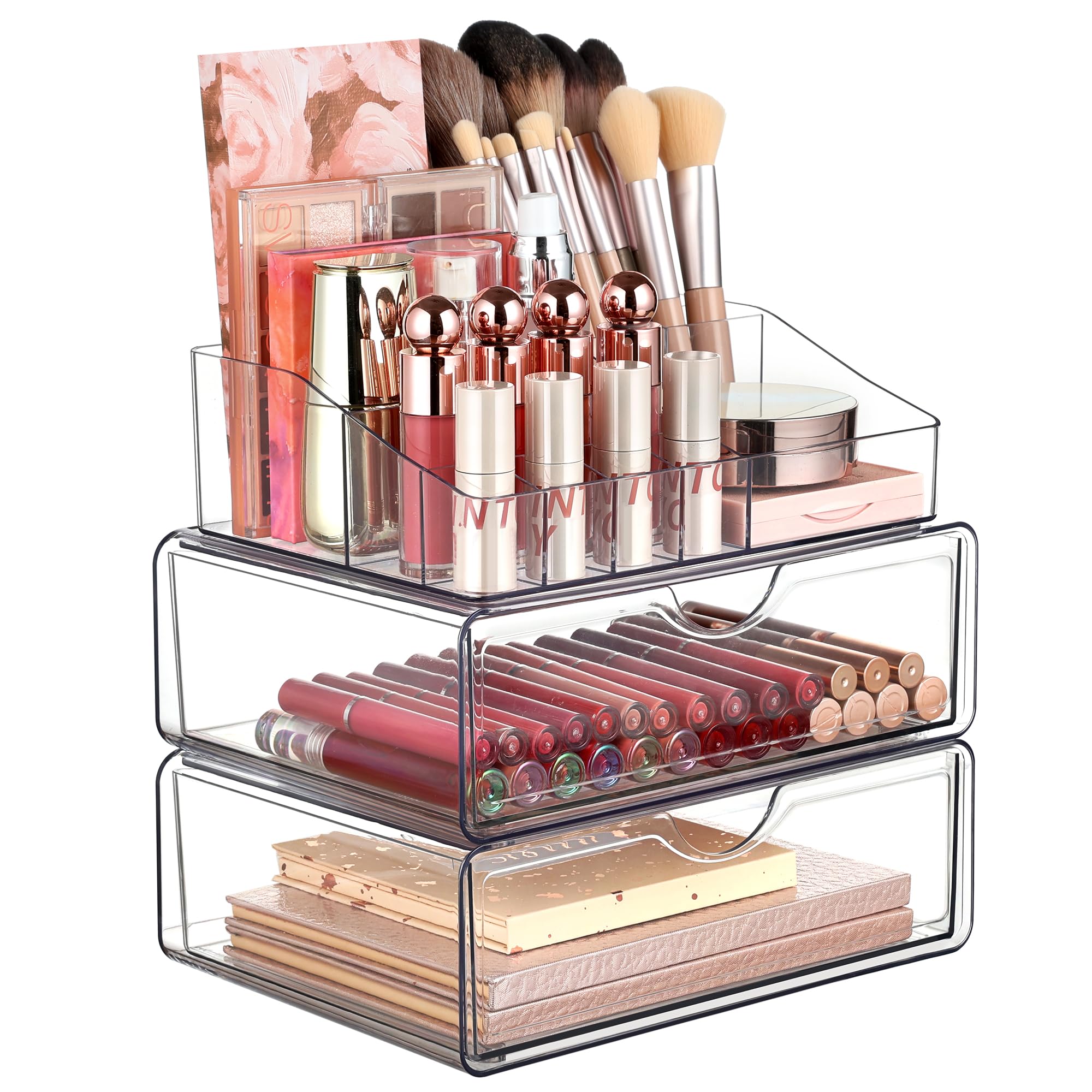 Vtopmart three-tier clear makeup organizer keeps cosmetics neatly visible and accessible.