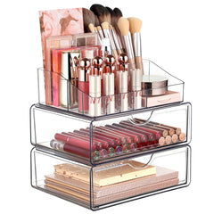 Vtopmart three-tier clear makeup organizer keeps cosmetics neatly visible and accessible.