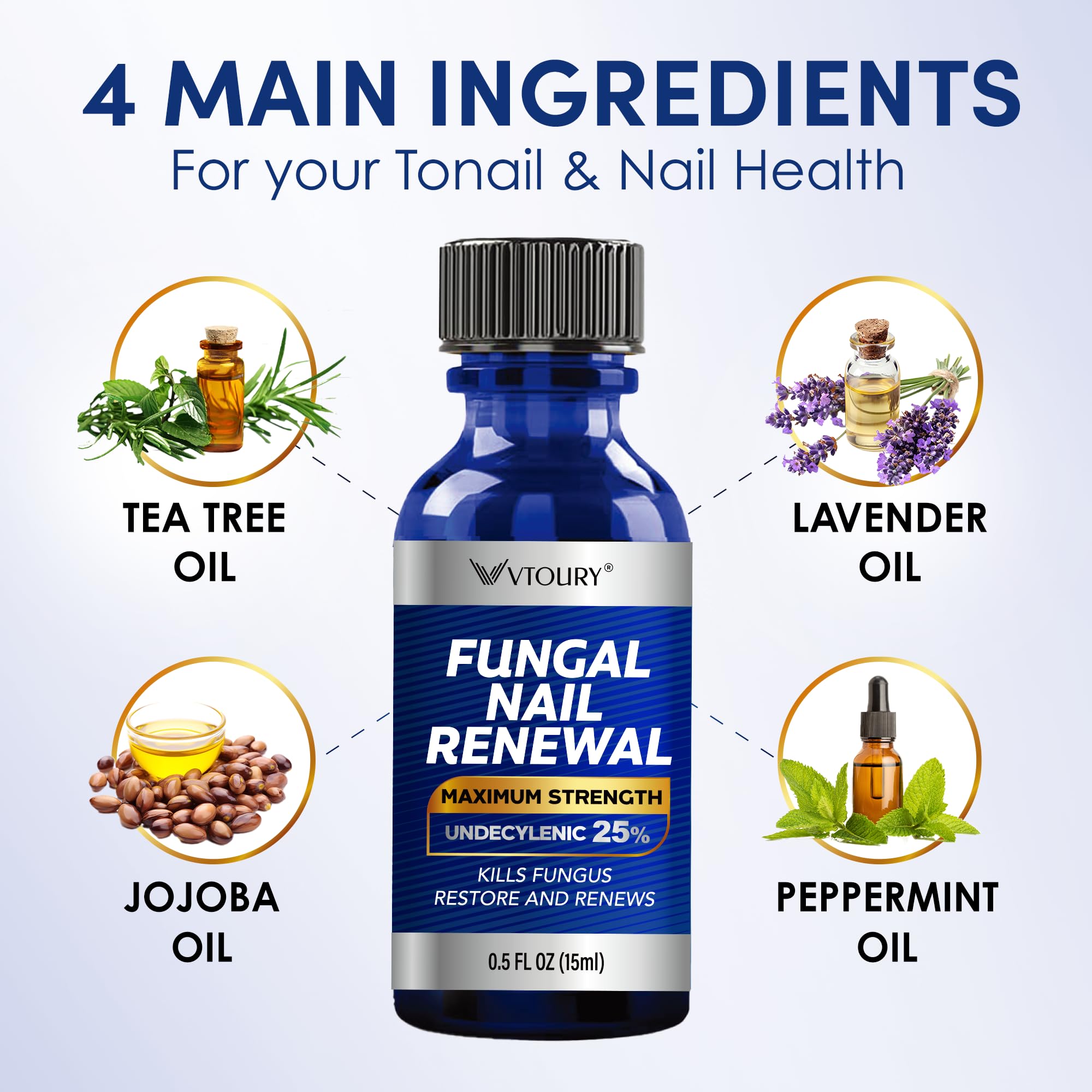VTROUY Tea tree oil bottle highlights botanical blend for daily nail care.