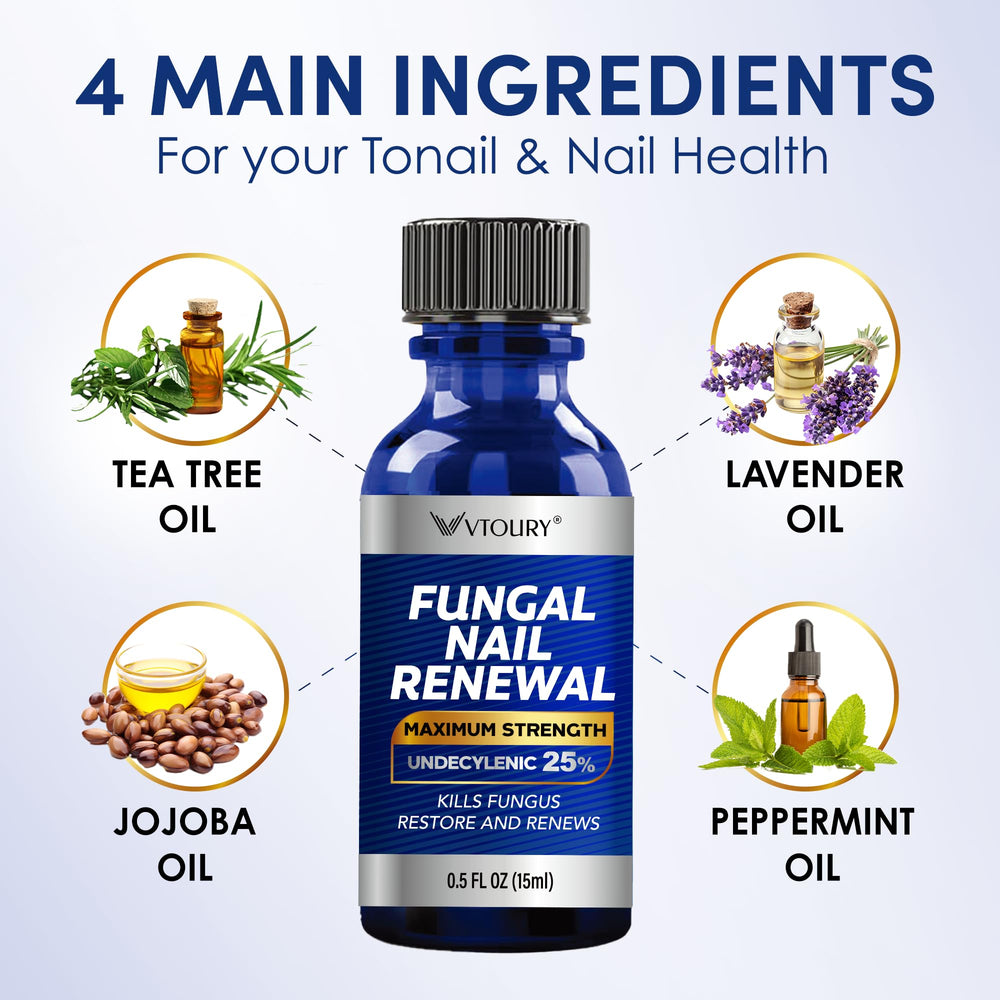 VTROUY Tea tree oil bottle highlights botanical blend for daily nail care.
