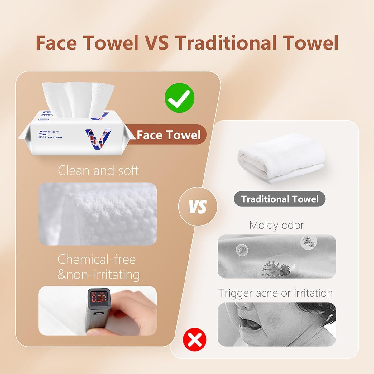 vuacepe face towels showing a two-sided texture for smooth cleansing and deeper cleaning.