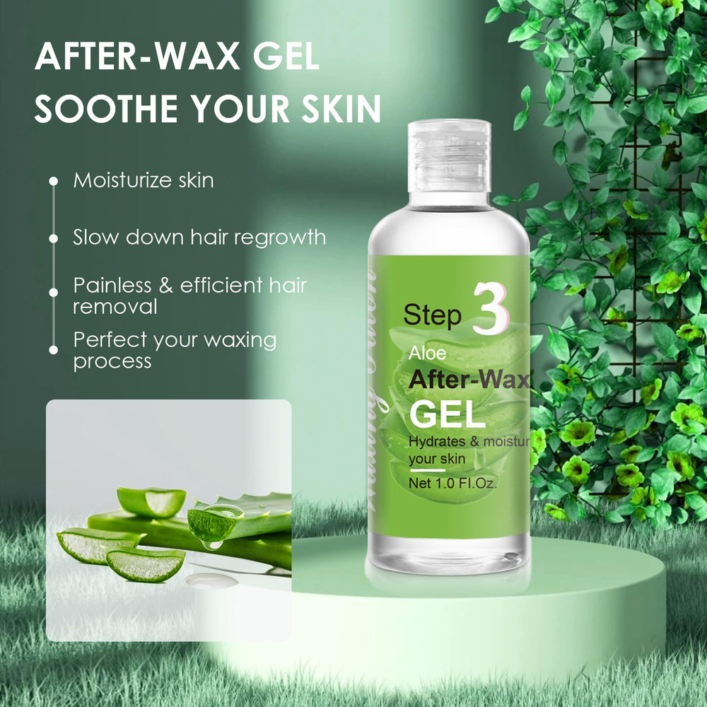 Vueyaa smoothing fluid bottles and sponges for a balanced waxing routine.