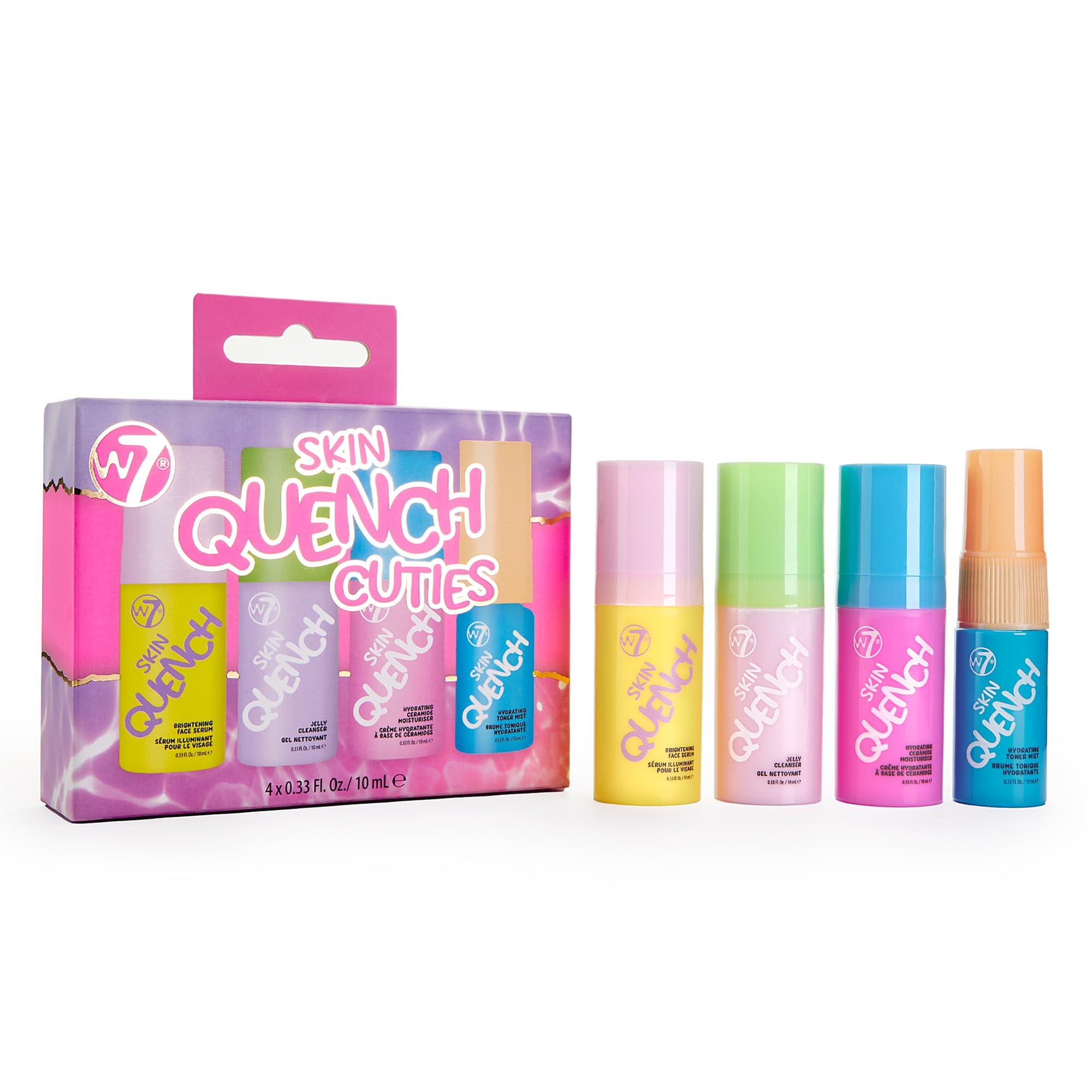W7 Skin Quench Cuties mini set packaging close-up for travel-friendly hydration.