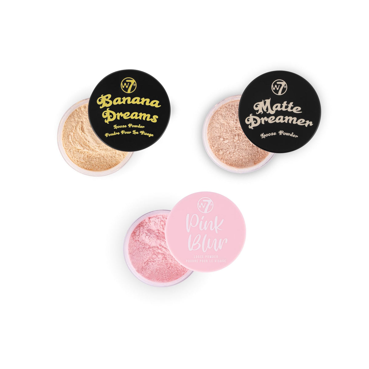Polvos sueltos W7 Trio Banana Sueños para neutralizar manchas e iluminar la piel.
