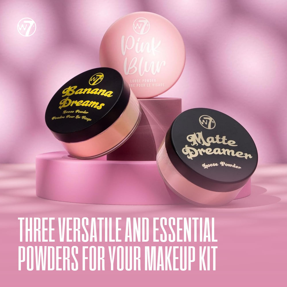 Polvos sueltos W7 tono desnudo para fijar maquillaje con acabado suave.
