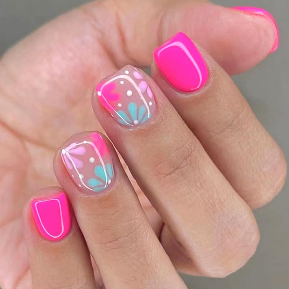 WAFOLOZE uñas cortas brillantes rojas con flores azules y rosas, aspecto diario.