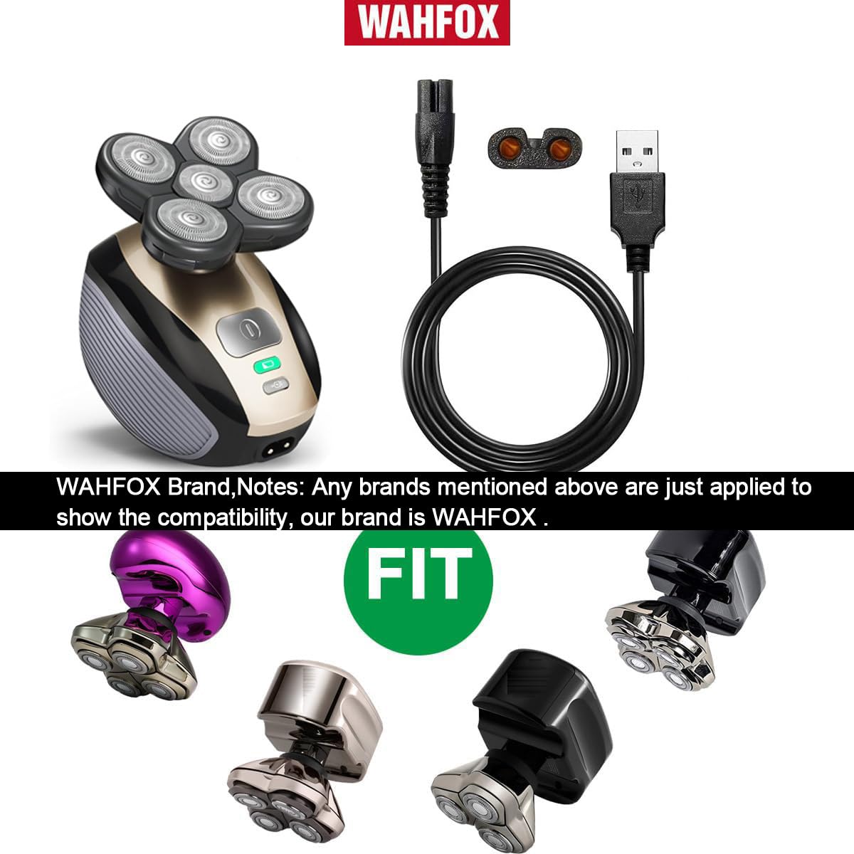 WAHFOX charger cord compatibility map highlights versatile use with major shavers