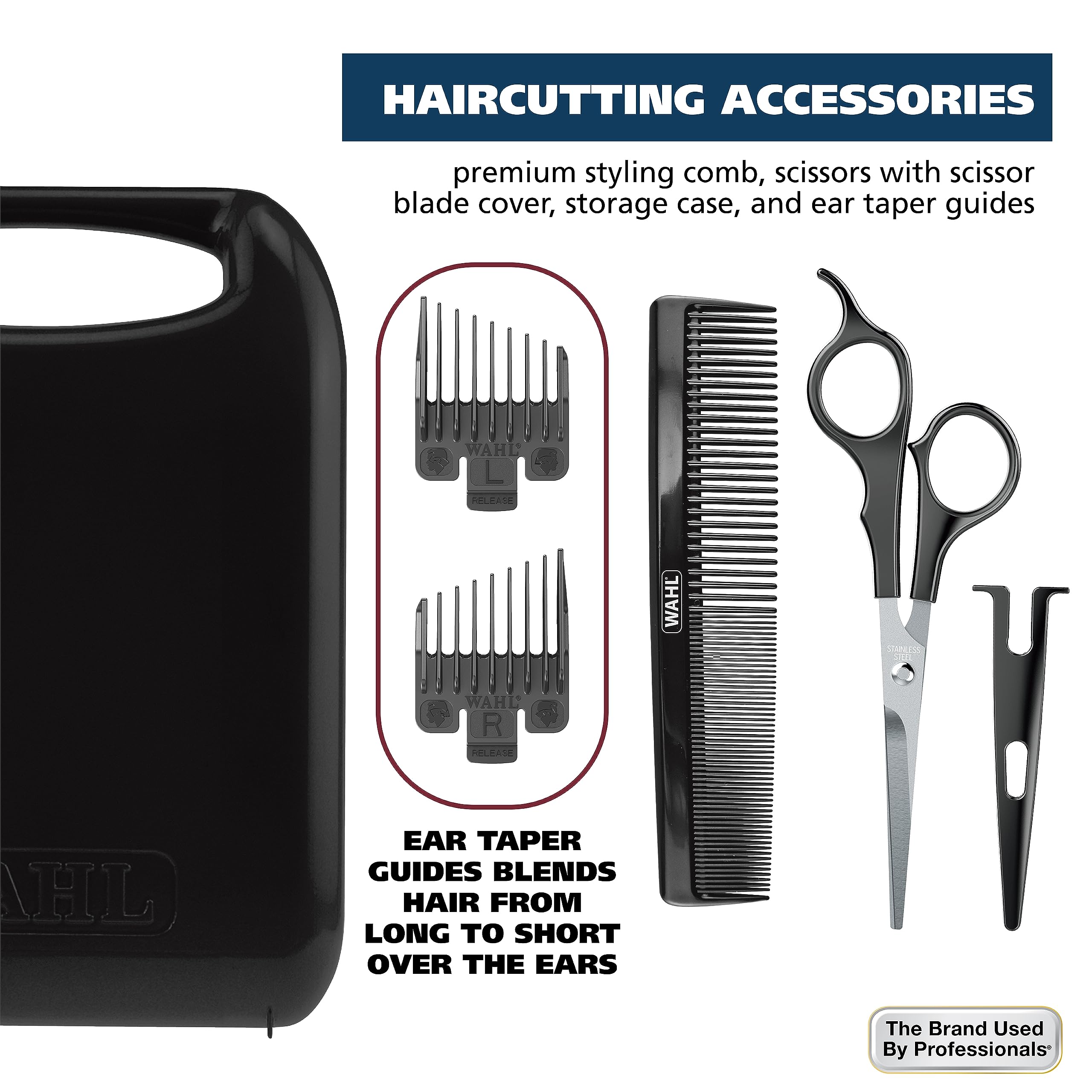 Wahl 79722 accessories include scissors, blade oil, and styling comb for grooming.