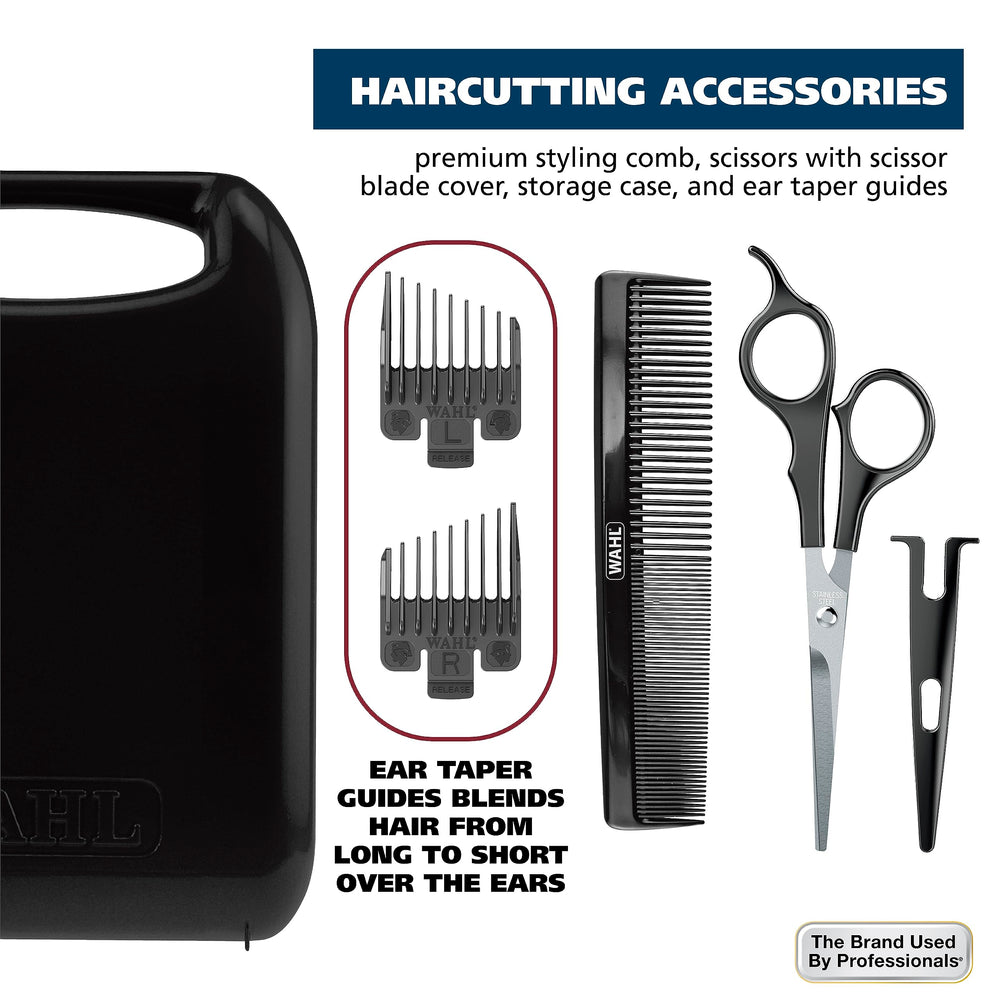 Wahl 79722 accessories include scissors, blade oil, and styling comb for grooming.