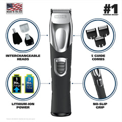 Wahl 9854-600B detail head closeup enables precise edging around mustache and eyebrows
