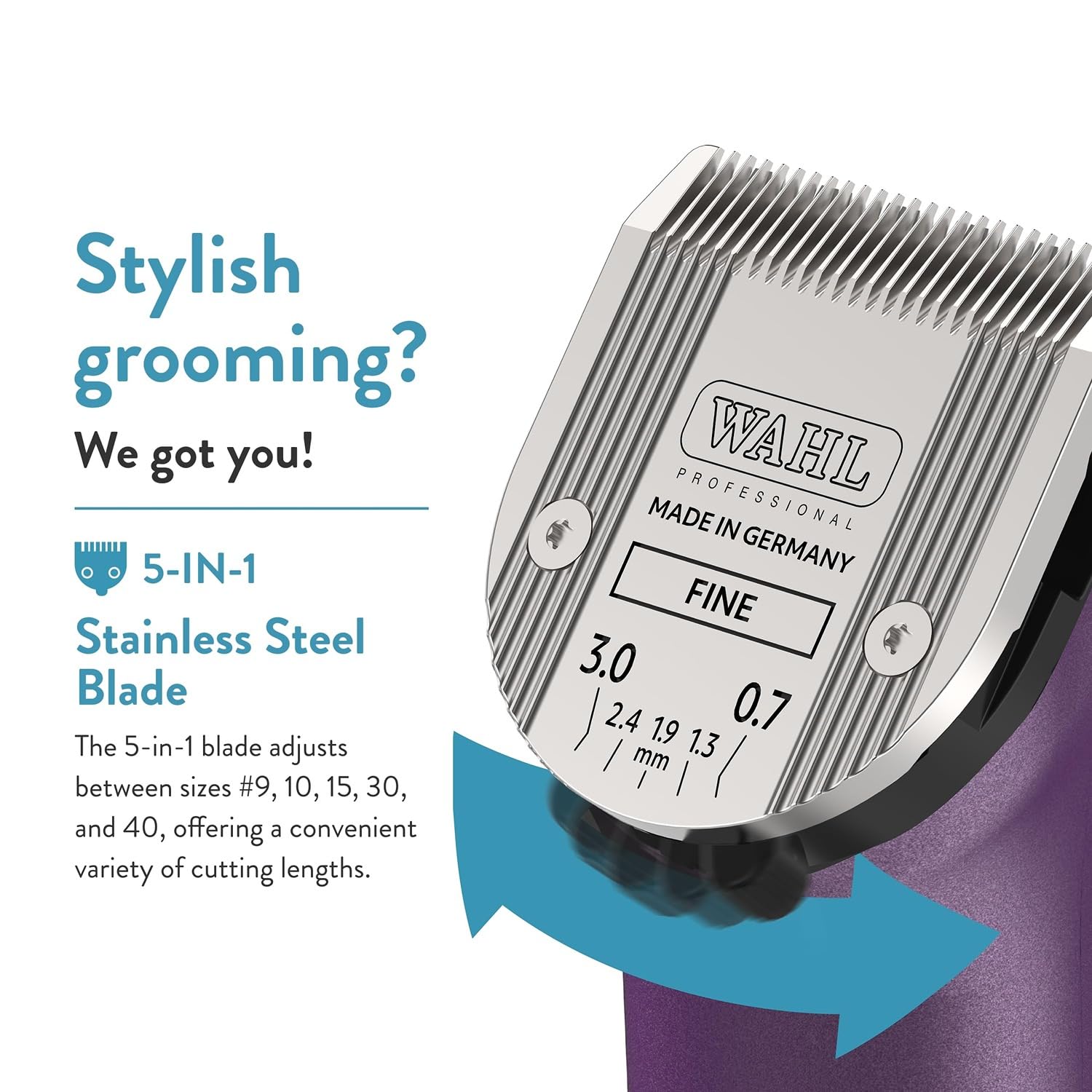 Wahl Arco 5-in-1 blade set enables versatile cutting lengths.