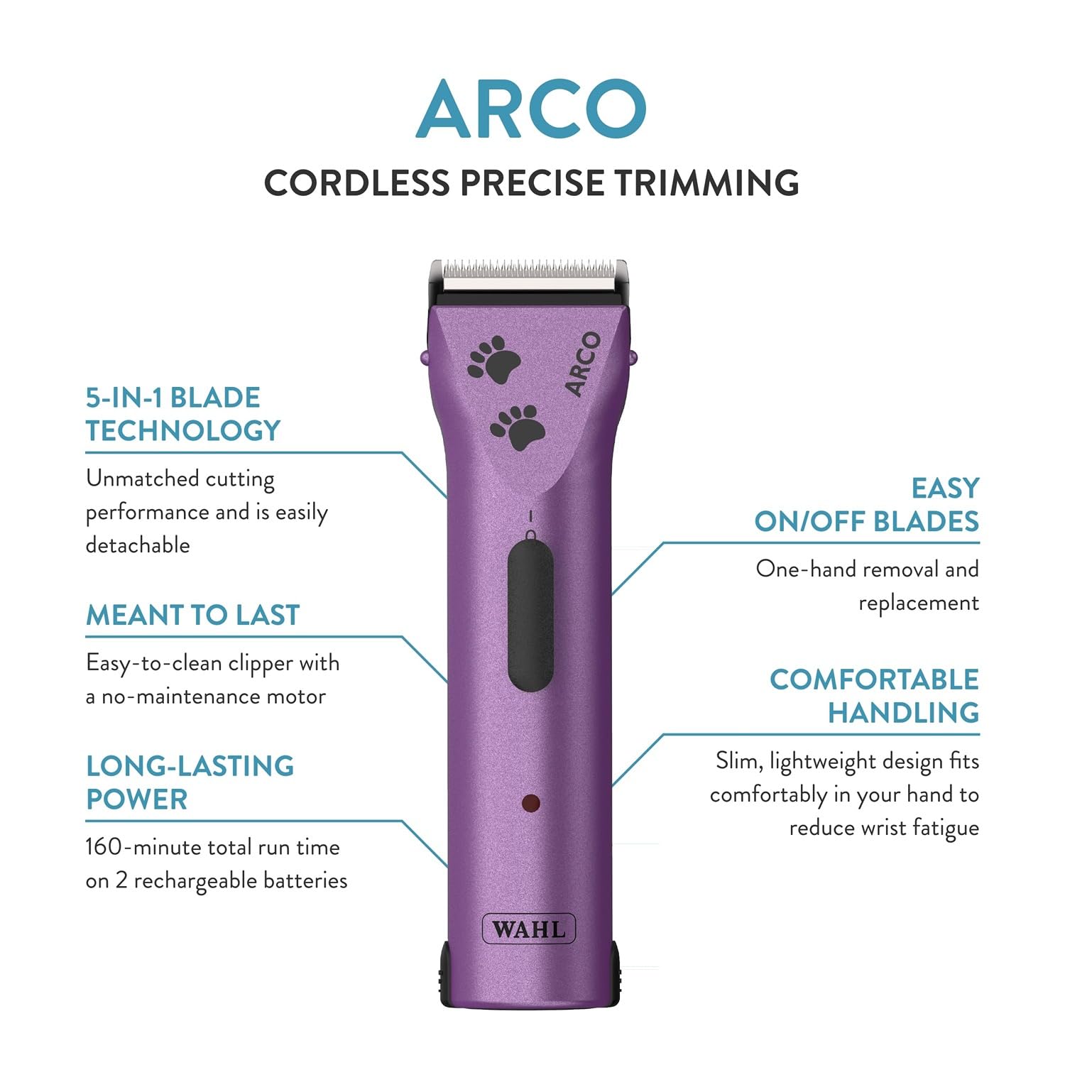 Wahl Arco Pet clipper side view showcasing ergonomic design for comfort during long sessions.