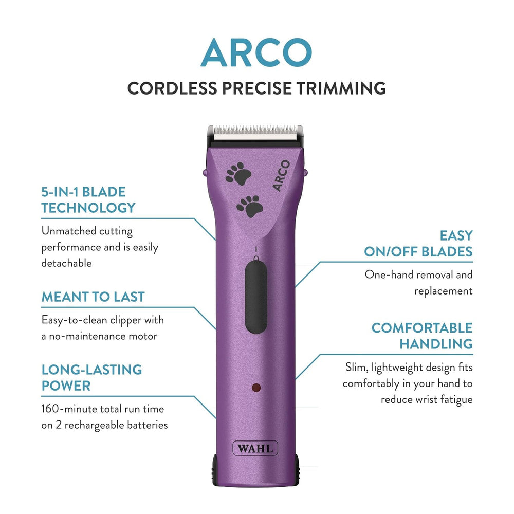 Wahl Arco Pet clipper side view showcasing ergonomic design for comfort during long sessions.