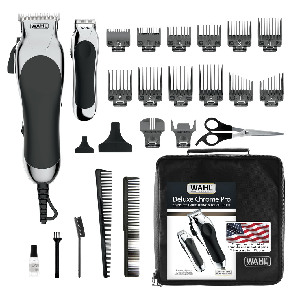 Wahl Deluxe Chrome Pro clipper for clean, precise cuts at home.