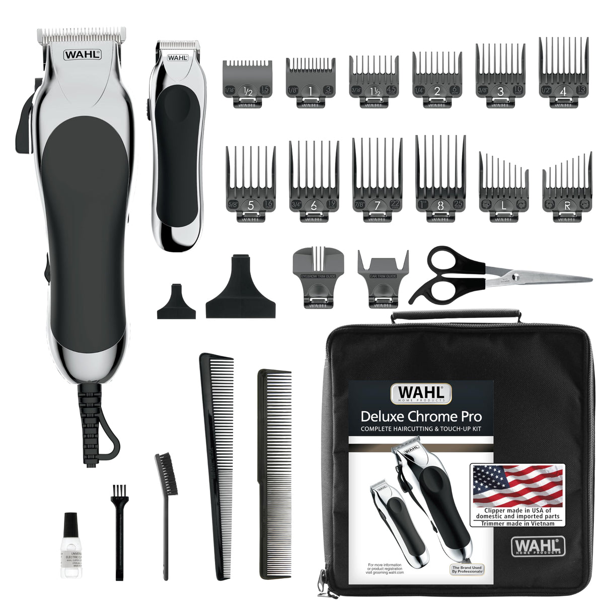 Wahl Deluxe Chrome Pro clipper for clean, precise cuts at home.