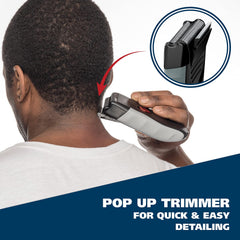 Wahl shaver with no-slip grip and travel lock for secure handling.