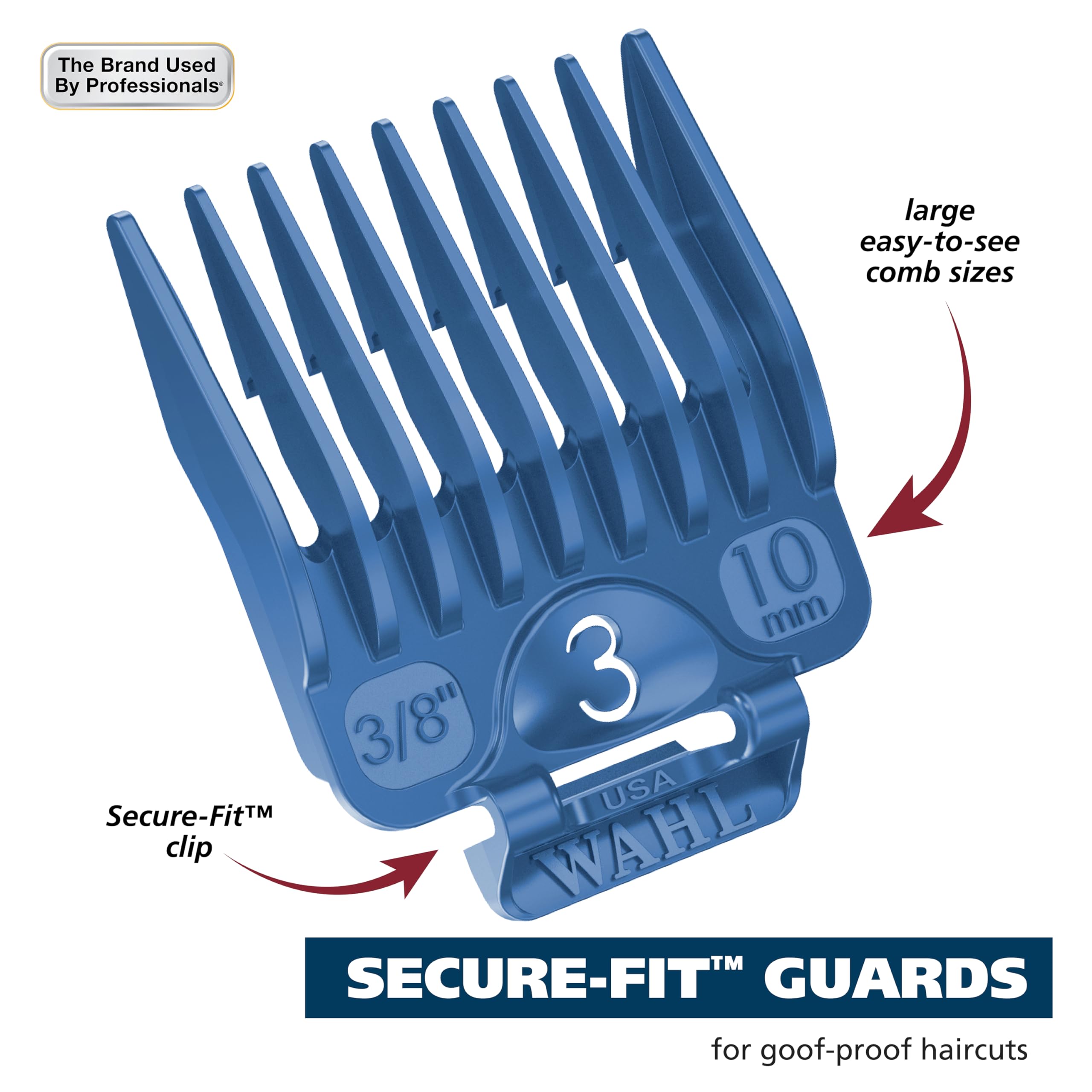 Guards stored in organizer for fast DIY grooming.