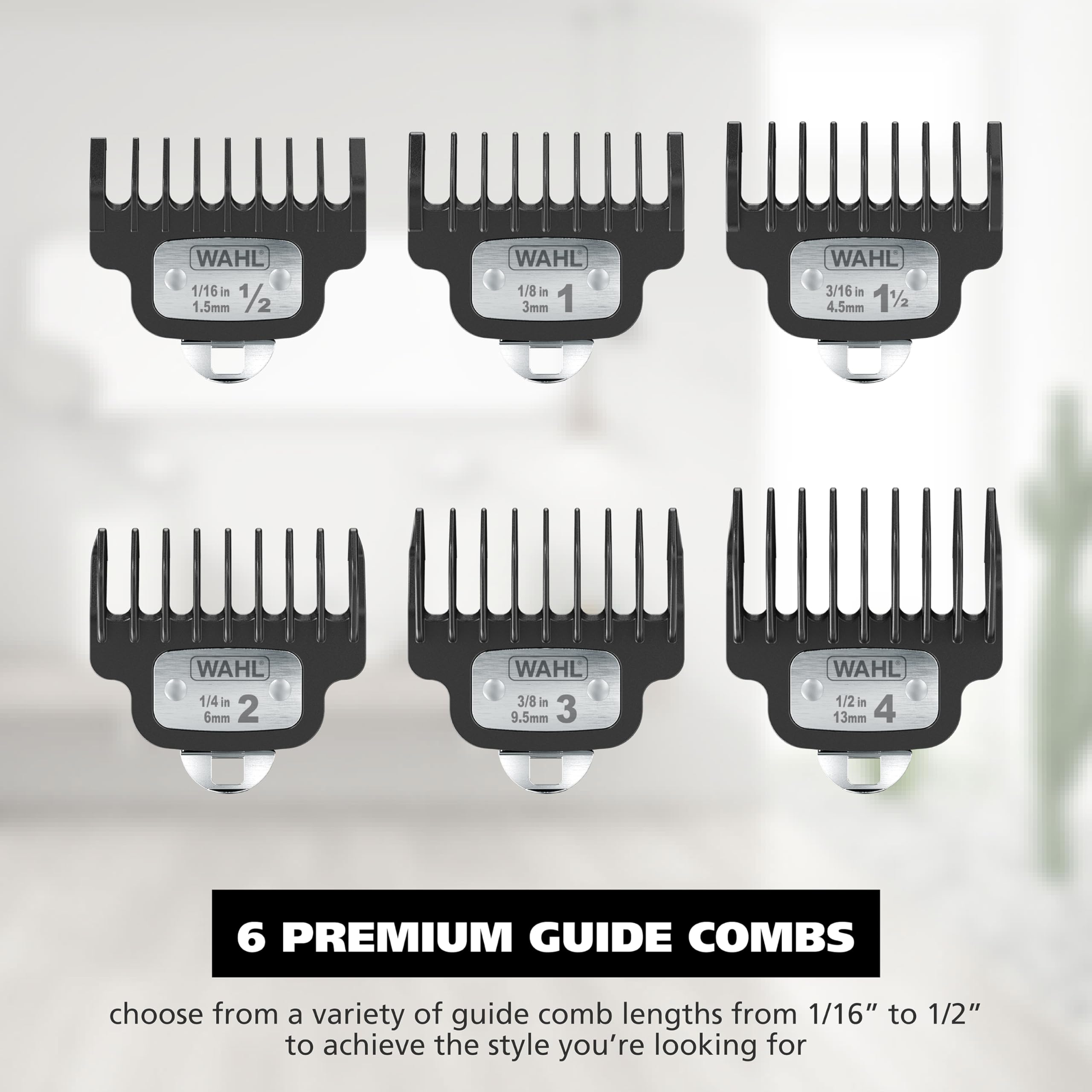 Wahl seven guide combs laid out for versatile beard lengths.