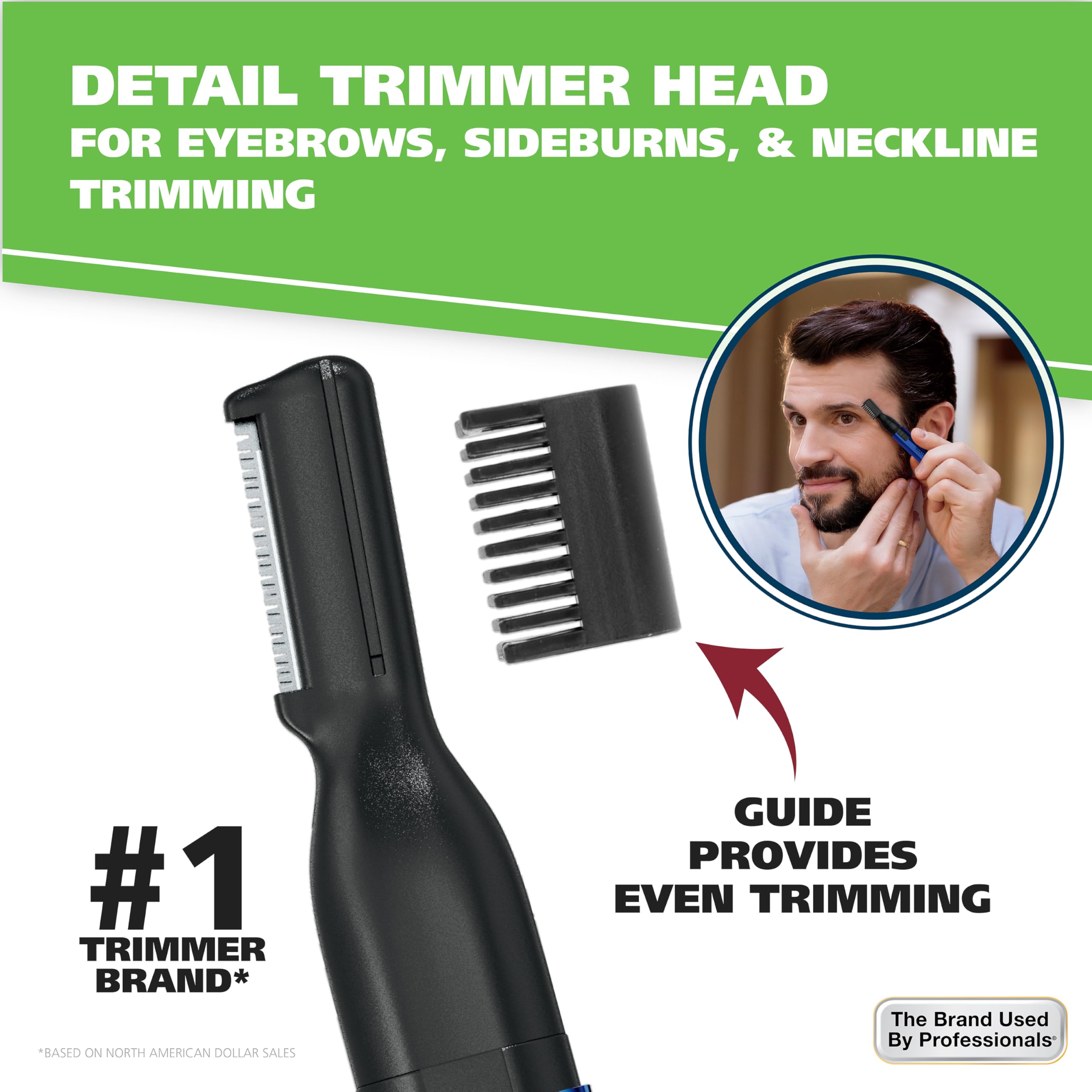 Wahl Lithium 2-in-1 pen trimmer adjustable eyebrow guide for defined brows.