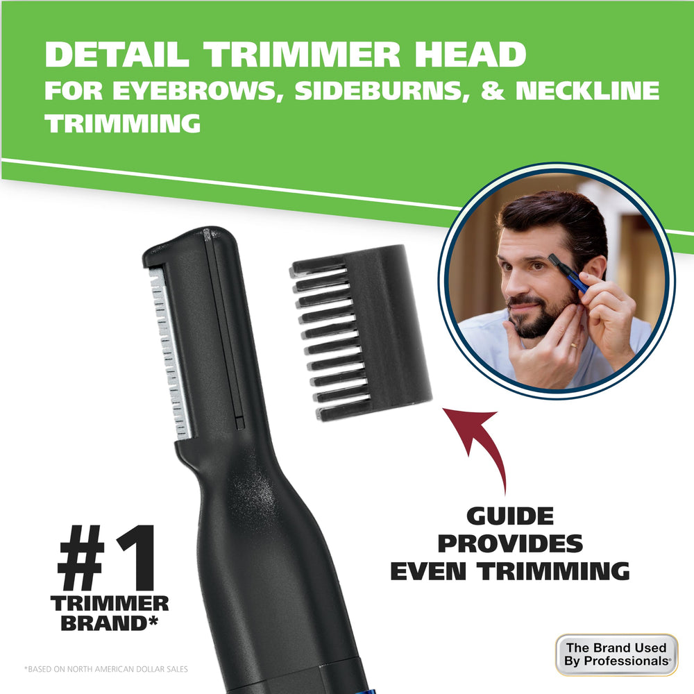 Wahl Lithium 2-in-1 pen trimmer adjustable eyebrow guide for defined brows.