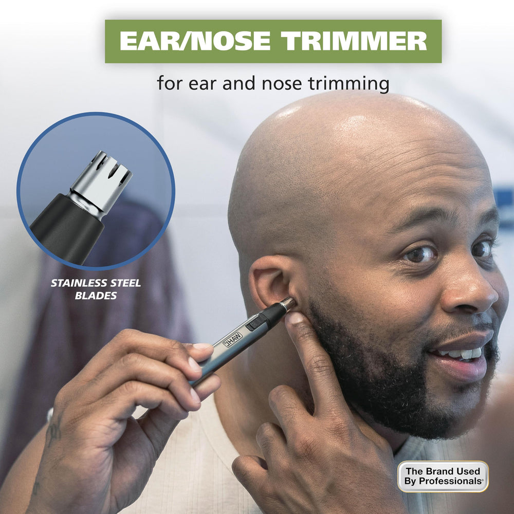 Wahl Micro Groomsman eyebrow guide demonstrates symmetrical brow shaping.