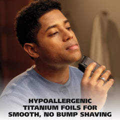 Titanium foil close-up on Wahl shaver highlights skin-friendly shaving technology.