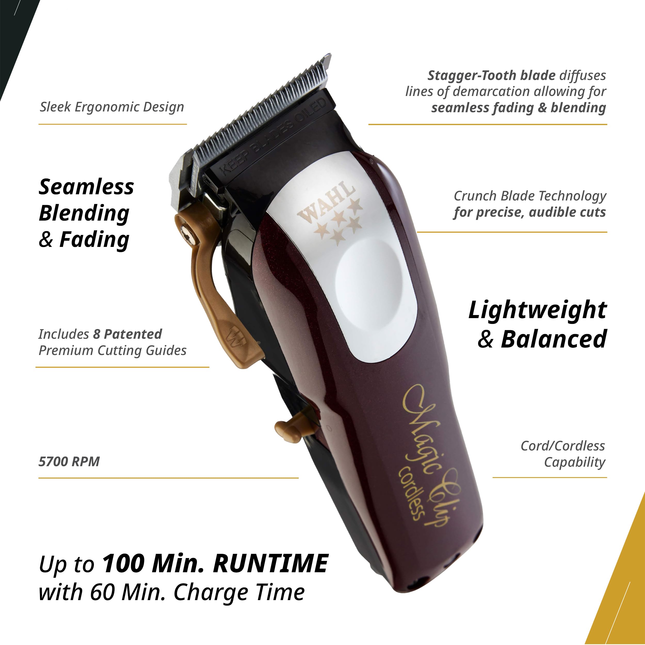 Wahl Magic Clip displays 100+ minutes runtime for cordless sessions.