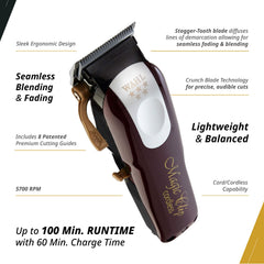 Wahl Magic Clip displays 100+ minutes runtime for cordless sessions.