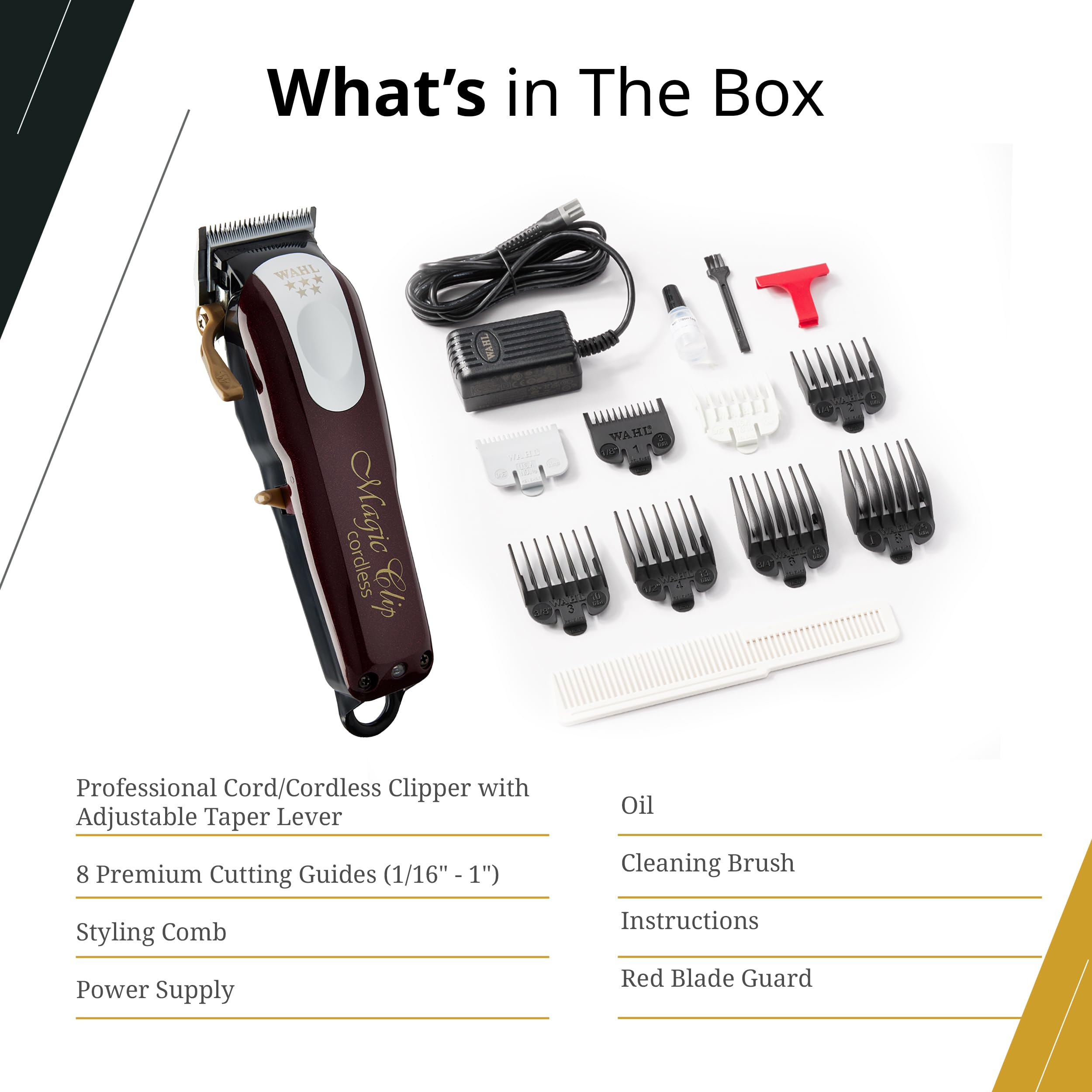Wahl Magic Clip includes eight guards for versatile trimming options.