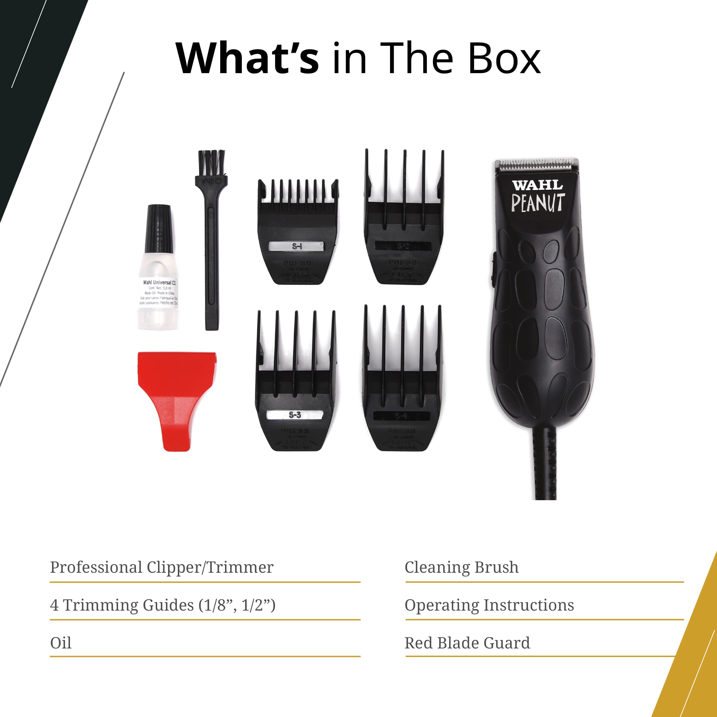 Wahl Peanut Trimmer includes four trimming guides for versatile lengths.