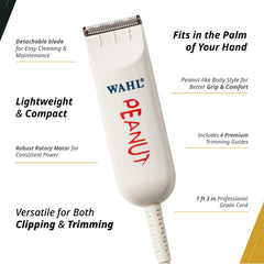 Lightweight design of Wahl Peanut Trimmer fits the palm for maneuverability