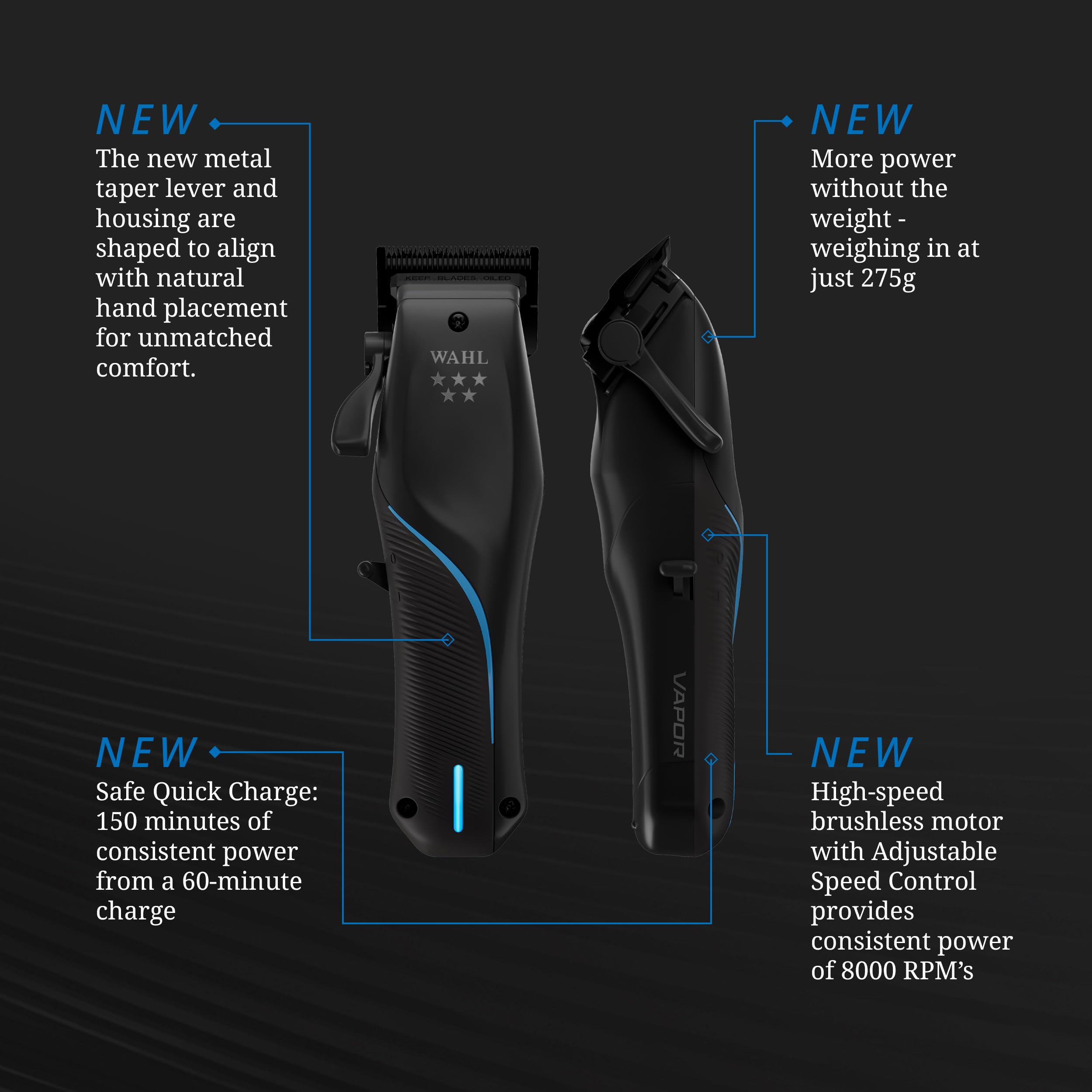 Wahl Vapor high-carbon steel blades with PVD and DLC coatings resist rust