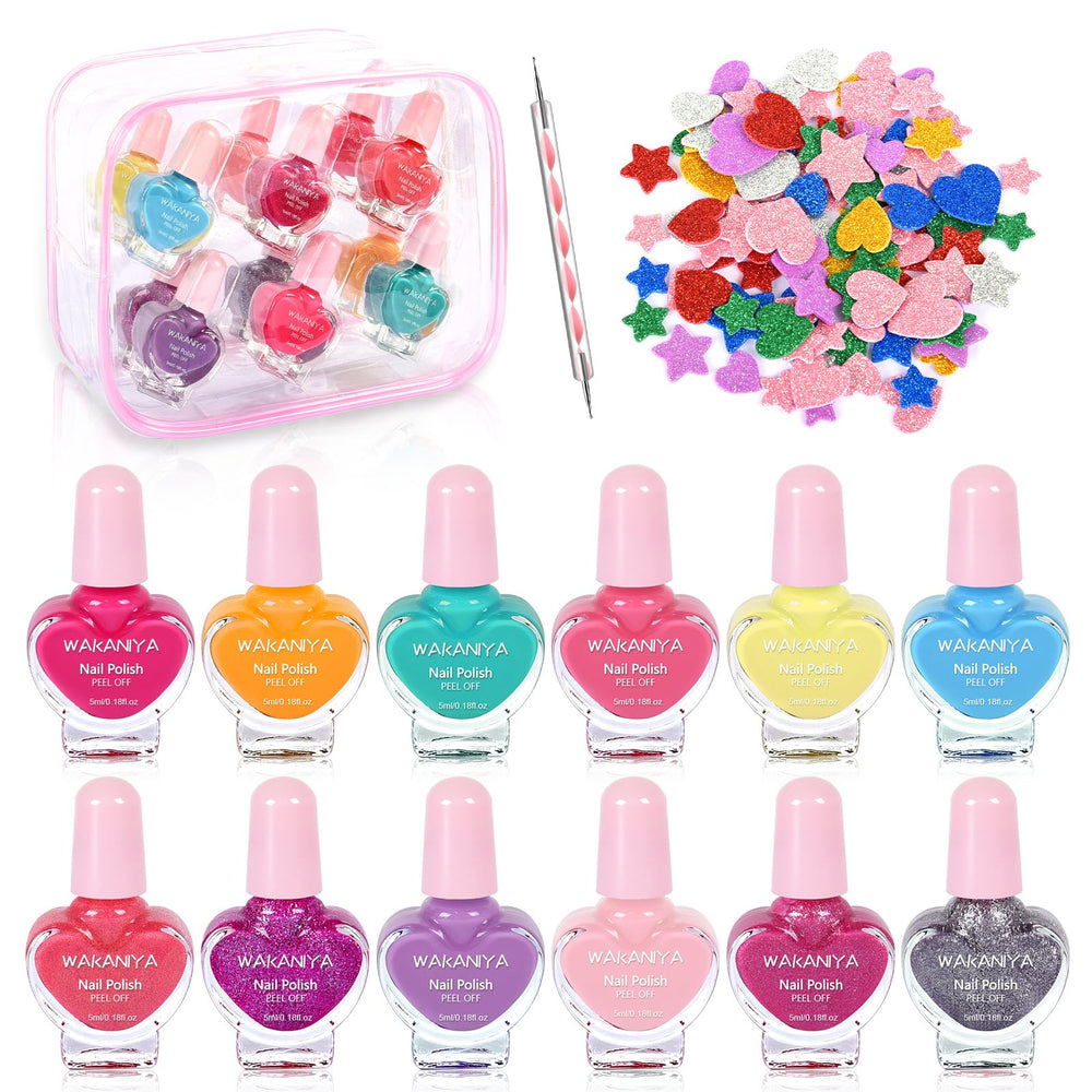 wakaniya Kids Nail Polish Set with 12 heart-shaped bottles for creative play and color exploration.
