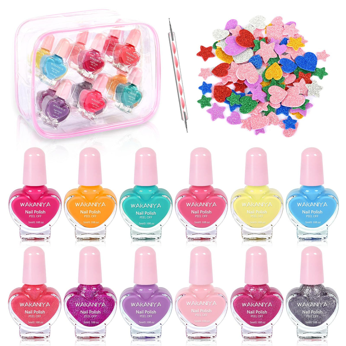 wakaniya Kids Nail Polish Set with 12 heart-shaped bottles for creative play and color exploration.