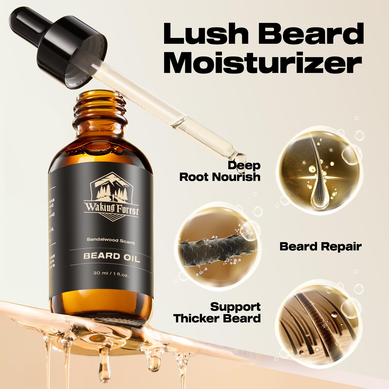 Waking Forest Sandalwood Beard Oil application demonstrates smooth grooming.