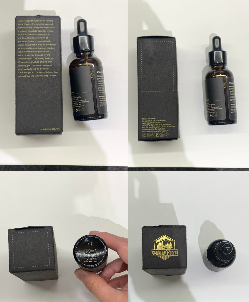 Waking Forest Sandalwood Beard Oil bottle hero captures grooming ritual.