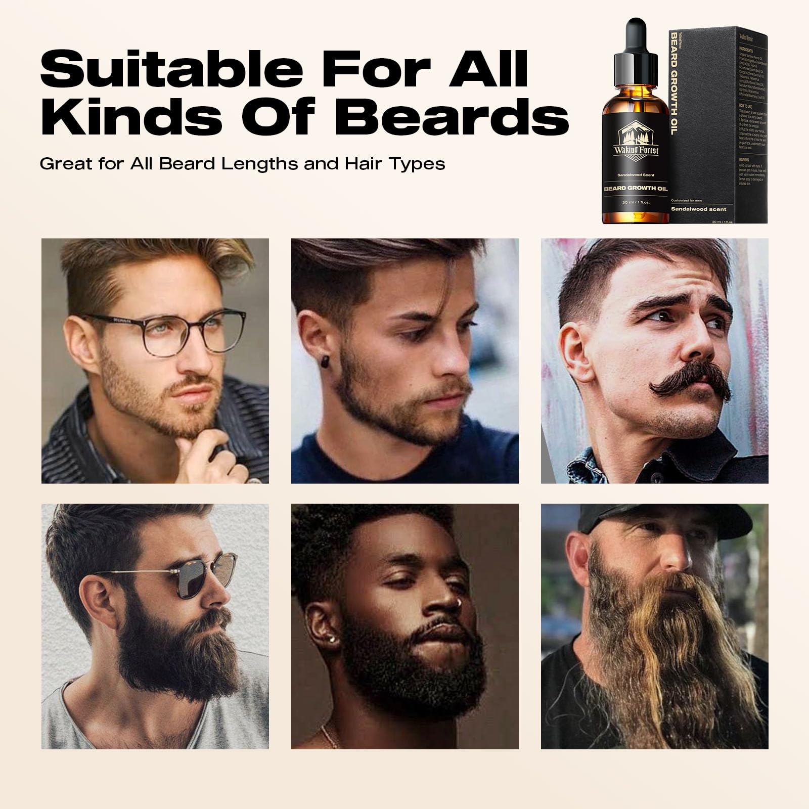 Waking Forest Sandalwood Beard Oil ingredients close-up highlight nourishing oils.